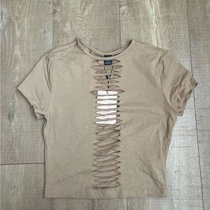 Solid Color Distressed Hollow Out Tight Khaki Top